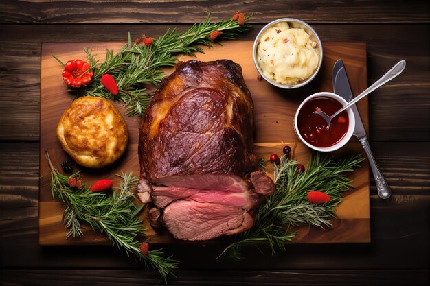 Prime Ribs avec purée de pommes de terre pour le dîner de Noël sur la table en bois et la décoration extérieure