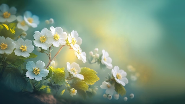 Primevères de fleurs blanches de la forêt de printemps avec fond de nature florale ciel bleu flou