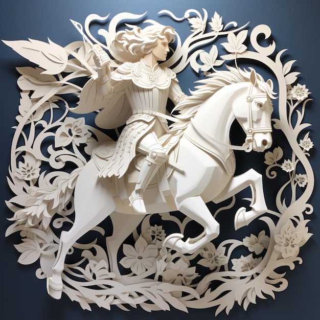 Un prince médiéval sur un cheval blanc papercut art
