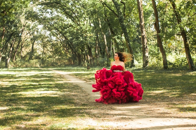 Princesse avec couronne en robe rouge nuageuse