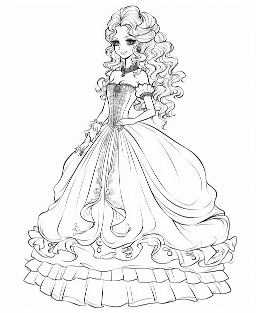 Princesse dans une belle robe Illustration vectorielle pour livre de coloriage