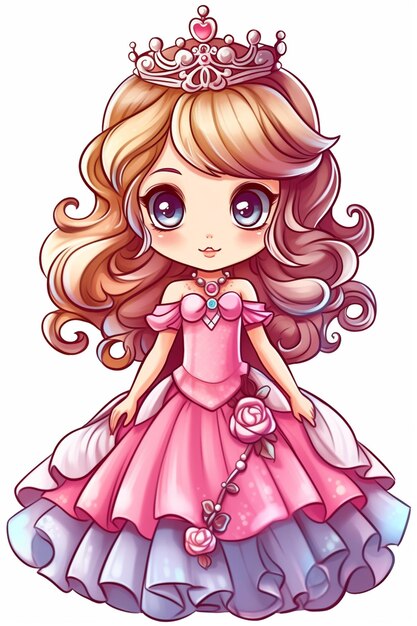 une princesse de dessin animé avec une robe rose et tiable tenant une rose ai générative