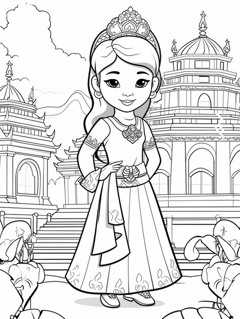 Photo une princesse de dessins animés dans une robe avec une couronne debout devant un château génératif ai