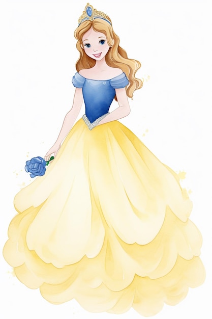 une princesse de dessins animés dans une robe jaune avec une couronne bleue