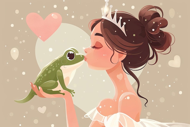 La princesse embrasse la grenouille sur sa main avec un cœur en arrière-plan la princesse porte une robe blanche et un tiara elle a les cheveux bruns style simple dessin animé