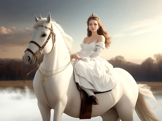 La princesse est assise sur un cheval blanc.