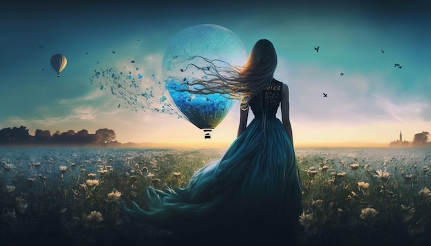 Princesse fille avec des ballons Longue robe bleue flottant au vent