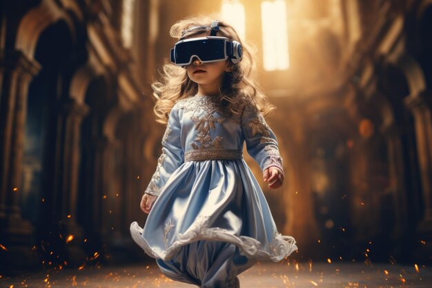 Princesse fille portant un casque VR utilisateur monde surréaliste et champs de fleurs colorées de réalité virtuelle IA générative