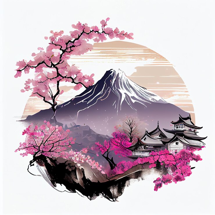 Photo le printemps au japon illustration de fleurs de cerisier sommets majestueux met en évidence la beauté naturelle des paysages enneigés parsemés de sakura en fleurs