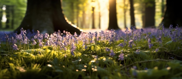 Photo le printemps à la campagne et le soleil du soir tombe sur un tapis de cloches bleues dans le bois