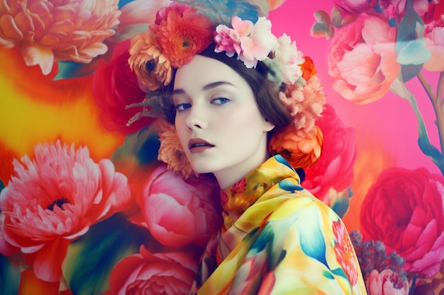 Printemps femme mode rose portrait bouquet fleur pivoine art été beauté IA générative
