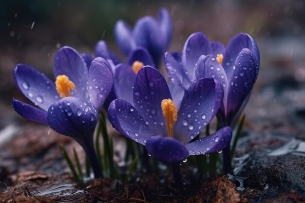 printemps des fleurs de crocus bleus dans des gouttes d'eau Generative AI