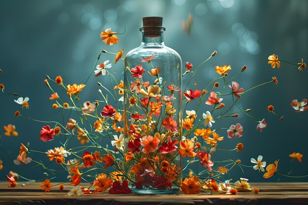 Le printemps à l'intérieur d'une bouteille explose, répandant des couleurs vives, des fleurs.