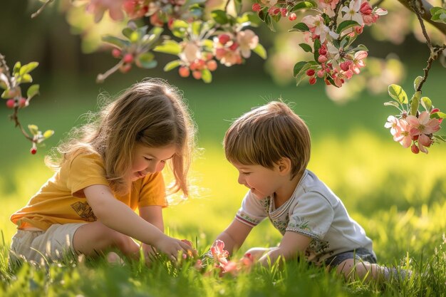 Le printemps joue sous l'arbre en fleurs