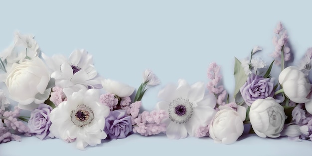 Printemps Pâques concept floral élégant Pastel menthe lilas et fleurs printanières blanches sur fond bleu généré par l'IA