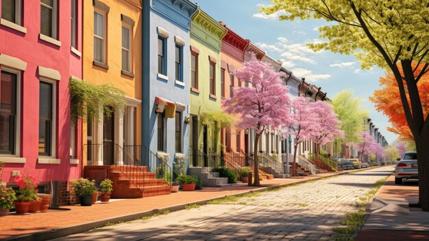 Photo le printemps une rue de briques colorées bordée de maisons en rangées une atmosphère brumeuse des paysages des scènes de rue traditionnelles des sculptures en bois colorées des couleurs délicates