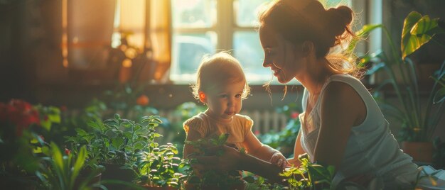 Le printemps se lie Un duo de mères et de filles qui s'occupent ensemble de leur jardin