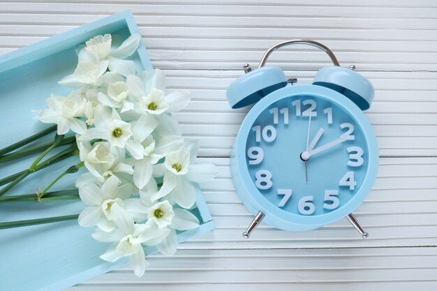 Printemps time.Flat lay..Réveil bleu, bouquet de jonquilles blanches dans un plateau bleu sur un fond clair.Spring mood.top view,