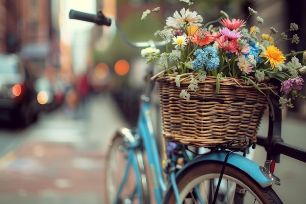 Le printemps en ville Une exposition vibrante de fleurs fraîches dans un panier de vélo dans une rue urbaine