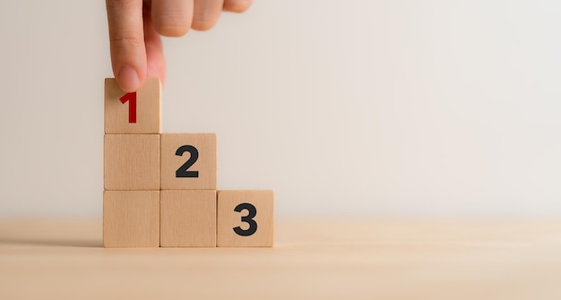 Priorité des tâches et concept de gestion L'ordre de priorité dans n'importe quelle activité Définir la priorité du travail Arranger la liste des blocs de cubes de bois avec le premier, le deuxième et le troisième numéro