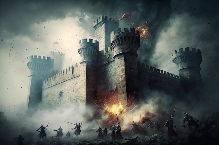 Photo prise d'assaut de la forteresse du château médiéval siège du chaos de la ville generative ai aig15