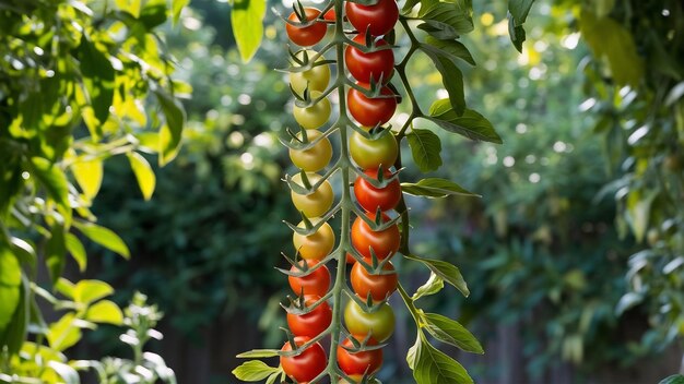 Une prise verticale de tomates cerises mûres et immatures sur une branche