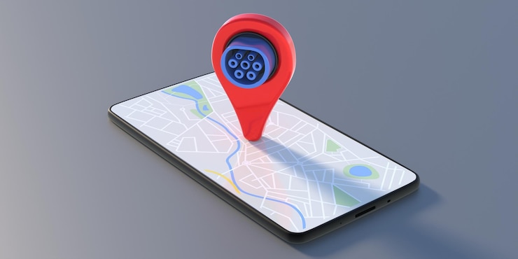 Prise de voiture électrique et un pointeur sur un fond gris de smartphone Concept d'emplacements de station de charge illustration 3d