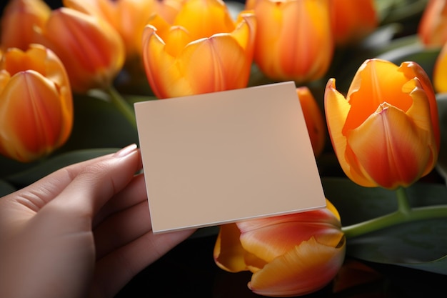 Prise de vue aérienne Carte papier vierge au milieu de tulipes orange et jaunes