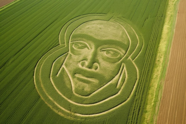 Photo prise de vue aérienne d'un crop circle imitant un visage extraterrestre