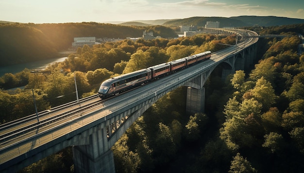 prise de vue aérienne du train sur la photographie du viaduc