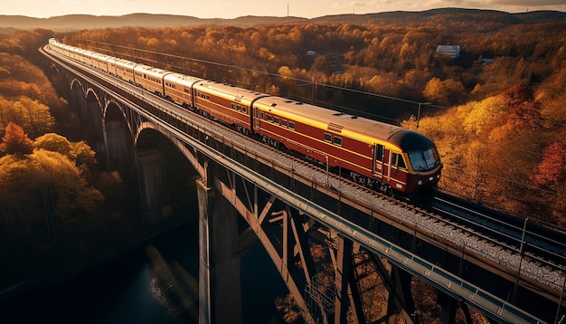 prise de vue aérienne du train sur la photographie du viaduc