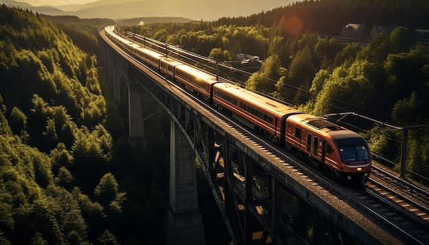 Photo prise de vue aérienne du train sur la photographie du viaduc