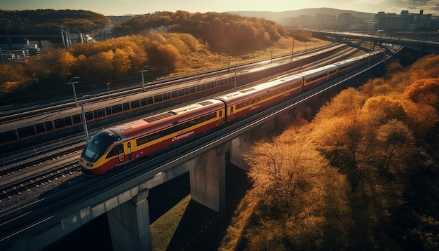 prise de vue aérienne du train sur la photographie du viaduc