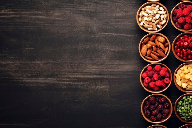 Photo prise de vue aérienne montrant une sélection variée d'aliments sains, laissant place au texte.