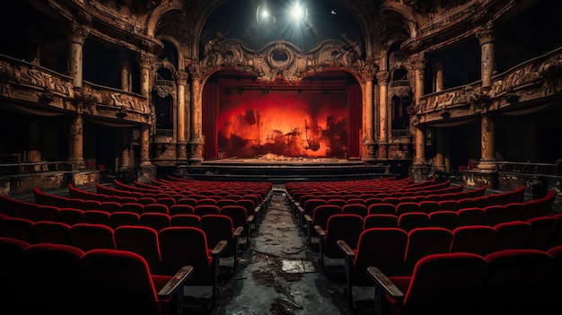 Une prise de vue aérienne d'un théâtre désert avec des sièges rouges capturant l'abandon étrange
