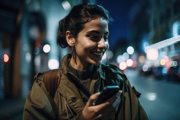 Prise de vue en angle bas d'une jeune femme hispanique mexicaine vêtements à la mode à l'aide d'un téléphone portable avec fond de rue urbaine la nuit Generative AI AIG18