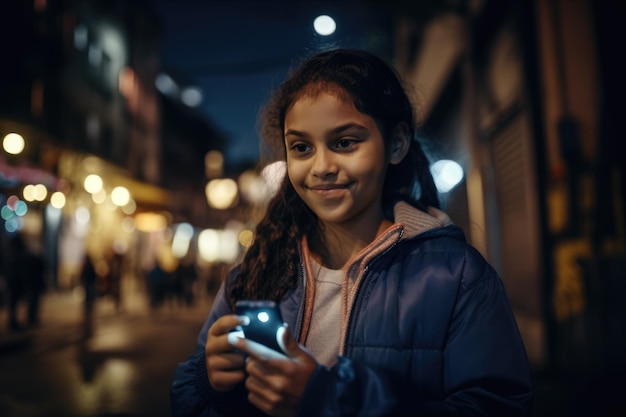 Prise de vue en angle bas d'une jeune fille hispanique mexicaine de 10 ans portant des vêtements à la mode à l'aide d'un téléphone portable avec un arrière-plan de rue urbaine la nuit AI générative AIG18