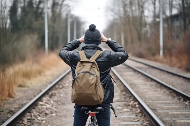 Prise de vue arrière d'un homme vérifiant son vélo créé avec une IA générative