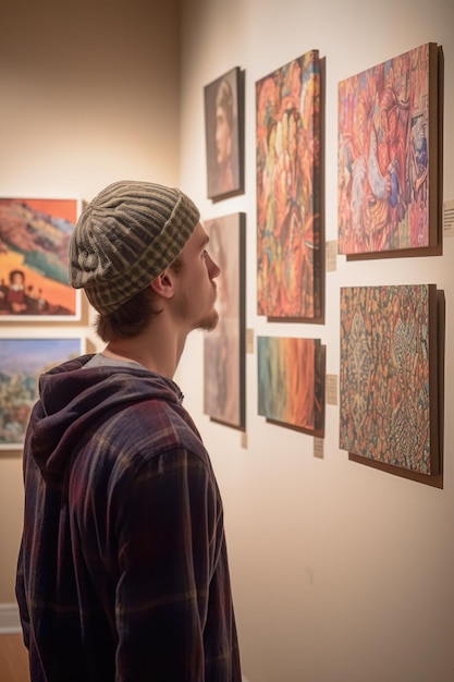 Une prise de vue arrière d'un jeune homme admirant une exposition d'art créée avec l'IA générative