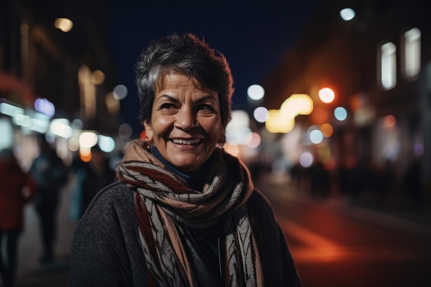 Prise de vue au grand angle d'une femme hispanique mexicaine senior vêtements à la mode à l'aide d'un téléphone portable avec fond de rue de la ville urbaine la nuit Generative AI AIG18