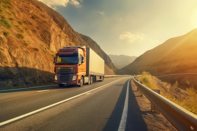 Une prise de vue à bas angle d'un camion de marchandises roulant sur une autoroute capturant la puissance et l'échelle du véhicule.