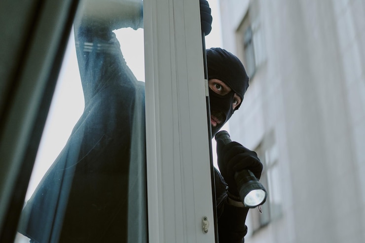 Photo une prise de vue à bas angle d'un voleur inconnaissable en balaclave avec une lampe de poche voyant l'appartement par la fenêtre