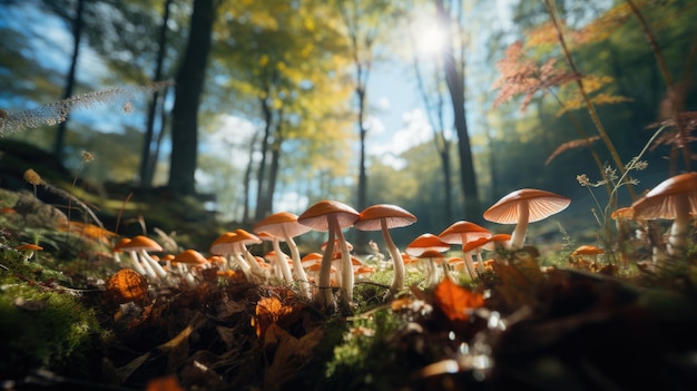 Prise de vue en contre-plongée d'un champ de champignons avec vue sur le couvert forestier AI générative