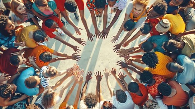 Photo une prise de vue créative d'un point de vue élevé de jeunes formant un cercle célébrant l'unité et la diversité