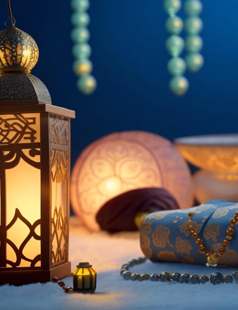 prise de vue sur la décoration du Nouvel An islamique avec des perles de prière et une lanterne sur un fond flou confortable