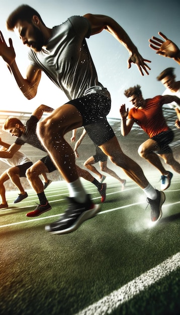 Une prise de vue dynamique d'athlètes en action sur un terrain de sport avec des mouvements rapides