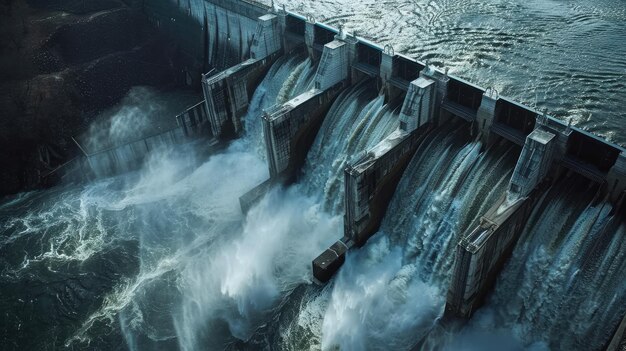 Photo prise de vue dynamique d'un barrage hydroélectrique libérant de l'eau pour produire de l'électricité montrant l'utilisation efficace et durable des ressources naturelles