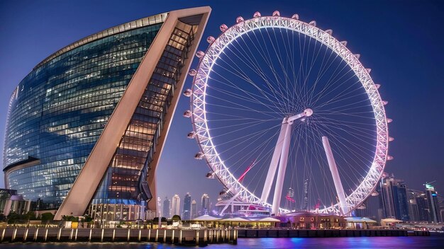 Une prise de vue à faible angle de la conception moderne d'un bâtiment avec une énorme roue ferris à l'île de Bluewaters à Duba