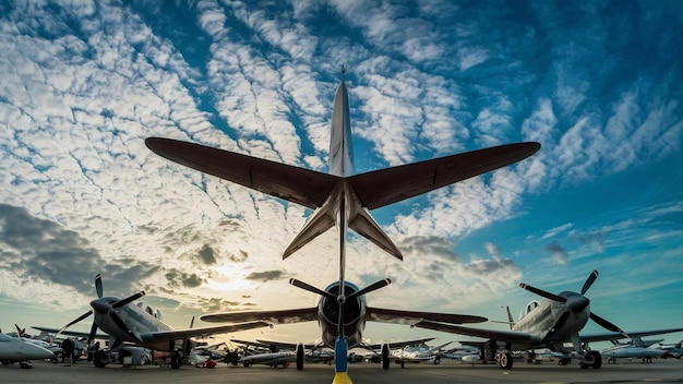 Une prise de vue à faible angle d'une gamme d'avions préparant un spectacle aérien sous le ciel nuageux à couper le souffle