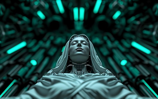 Photo prise de vue à faible angle d'une moine robot cyborg féminine